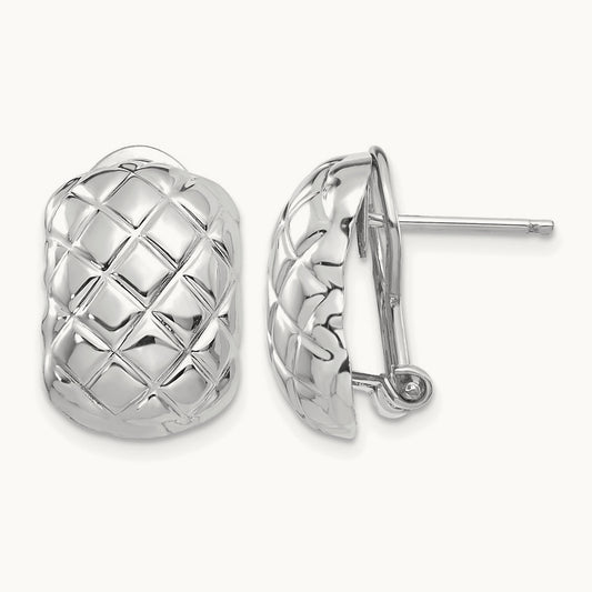 Polished Quilted Omega Back Post Earrings — 14K White Gold