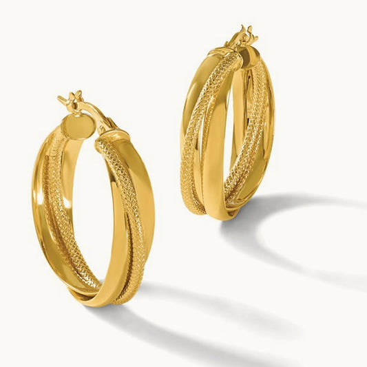 Polished and Textured Round Hoop Earrings, 10K — Leslie's