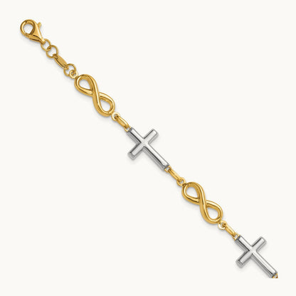 w/ Rhodium Polished Cross Infinity Symbol Link Bracelet, 14K