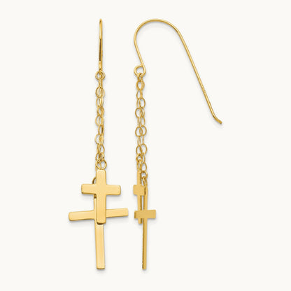 Chain Dangle Cross Shepherd Hook Earrings — 14K Yellow Gold