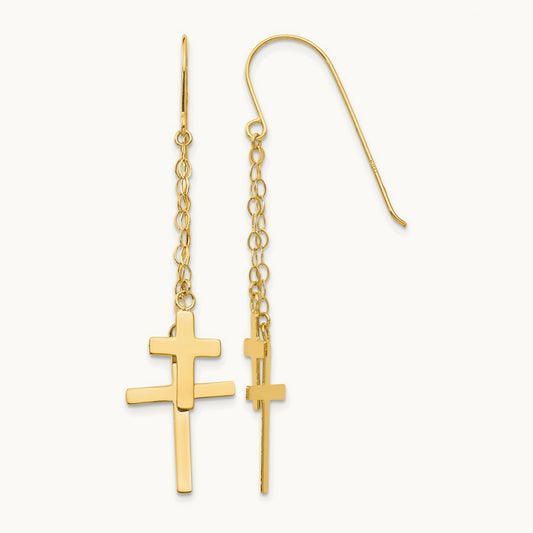 Chain Dangle Cross Shepherd Hook Earrings — 14K Yellow Gold