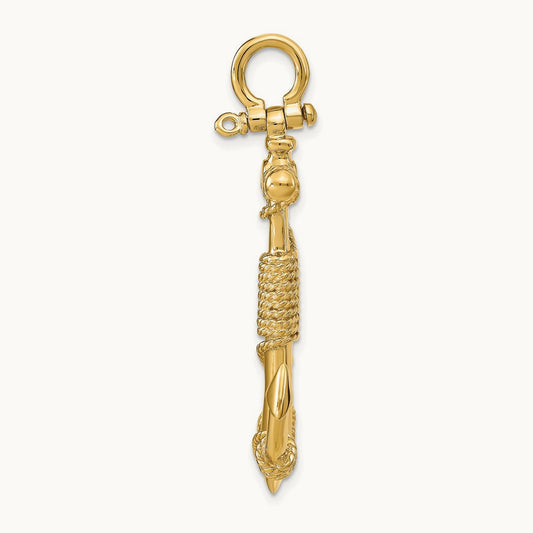 3-D Solid Anchor with Rope w/ Shackle Bail Pendant, 14K