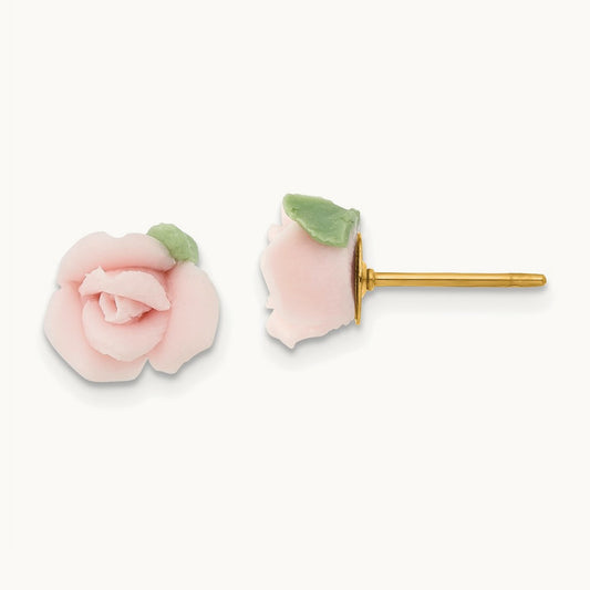 1928 Gold-tone Pink Porcelain Rose Post Earrings