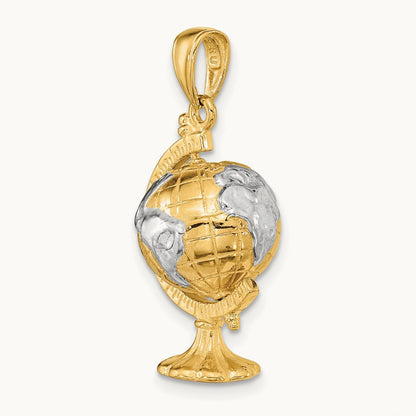 w/Rhodium 3-D Moveable Globe Pendant, 14K