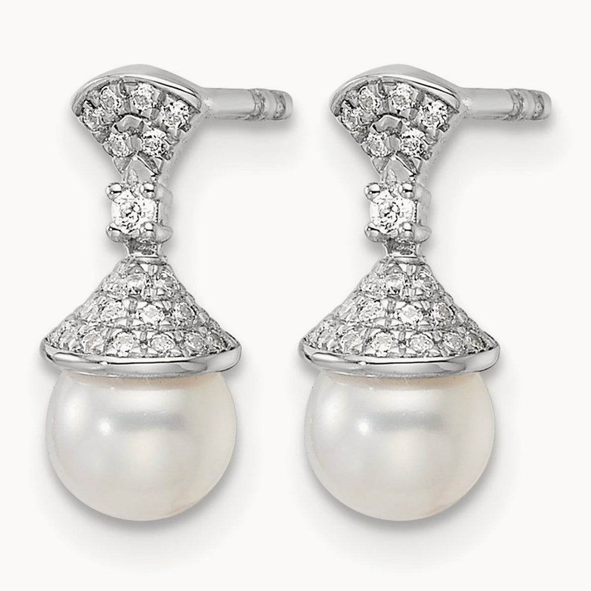 Polished Diamond and Pearl Drop Post Earrings — photo set