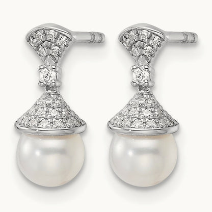Polished Diamond and Pearl Drop Post Earrings — photo set
