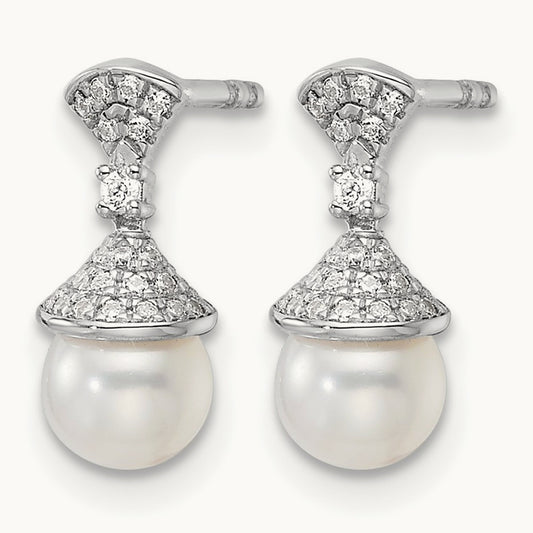 Polished Diamond and Pearl Drop Post Earrings — photo set