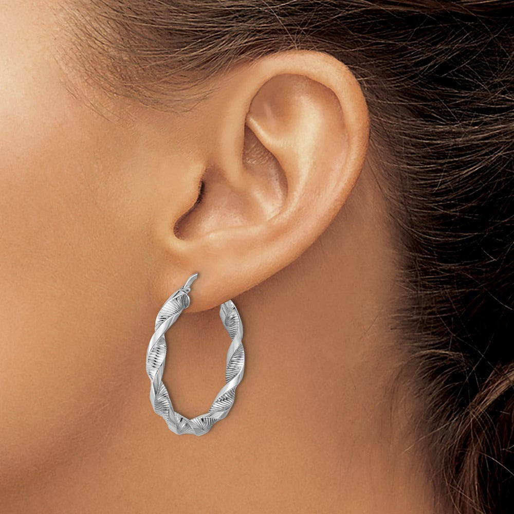 Rhodium-plated Polish/Textured Twist Hoop Earrings — 35mm