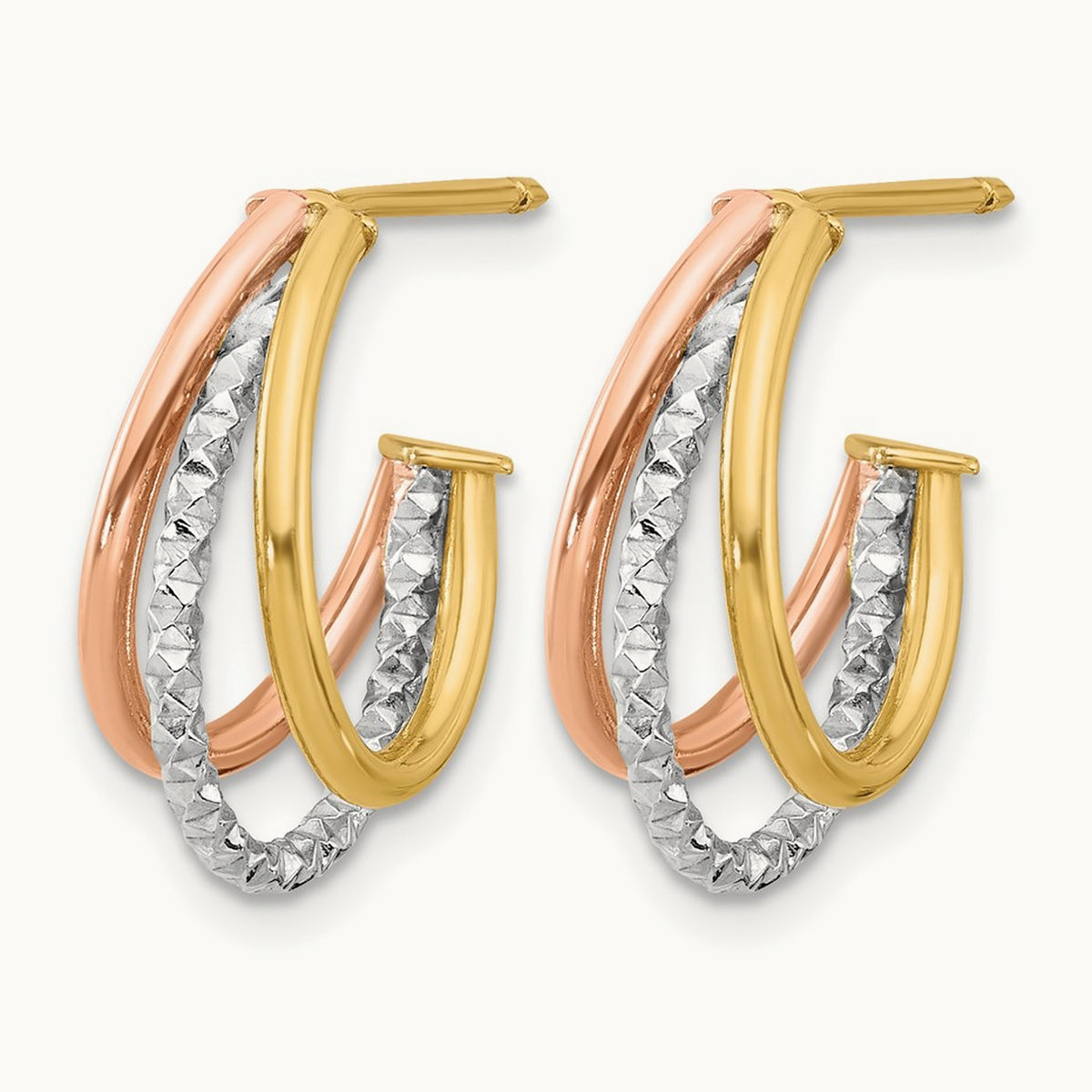 RH/ Rose GP Textured 3 Row J-Hoop Post Earrings, 14K White — Leslie's