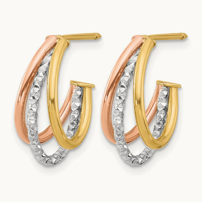 RH/ Rose GP Textured 3 Row J-Hoop Post Earrings, 14K White — Leslie's