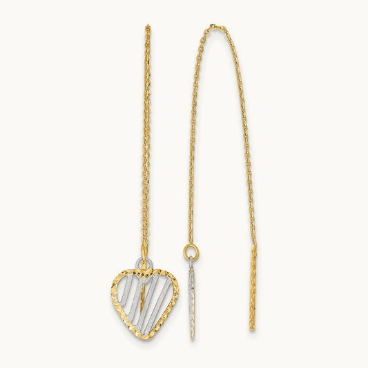 & Rhodium Polished Satin and D/C Heart Threader Earrings, 14K