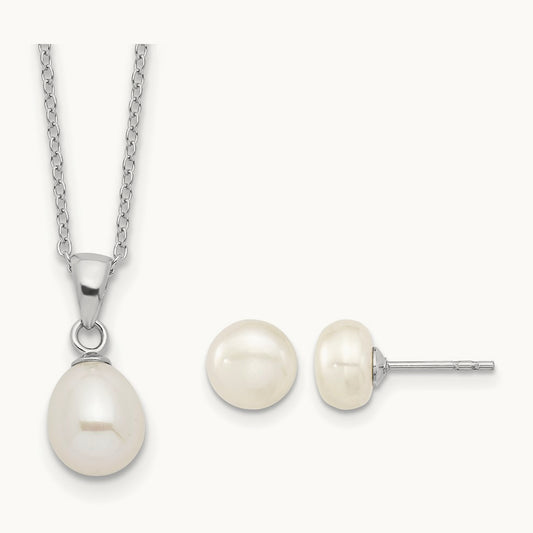 Rhodium-plated FWC Pearl Necklace/Stud Earring Set, Sterling Silver