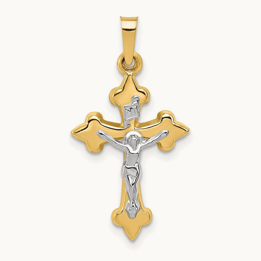 Polished Fleur de Lis INRI Crucifix Pendant, 14K Two-tone