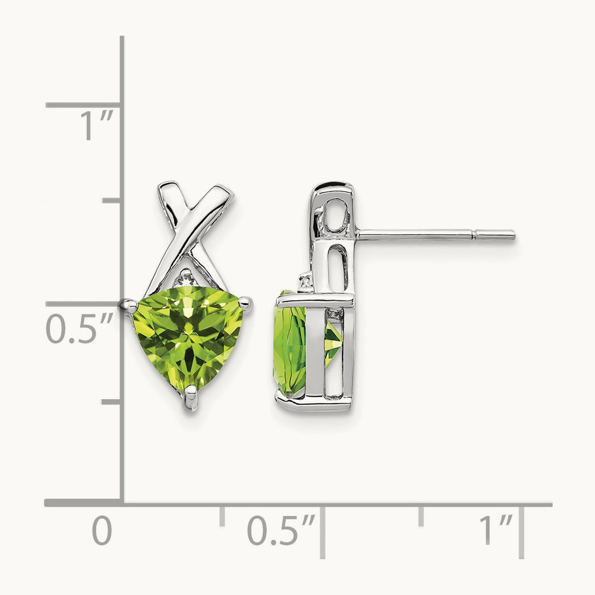 Peridot and White Topaz Trillion Post Earrings, 14K White Gold