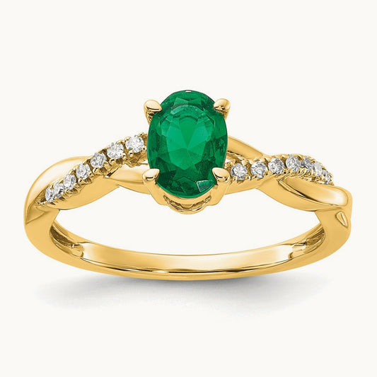 Oval Created Emerald and Lab-Grown Diamond Ring — 14K Yellow Gold, 7