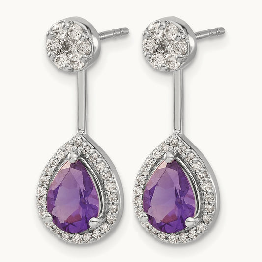 Diamond/Pear Amethyst Front/Back Earrings, 14K White Gold