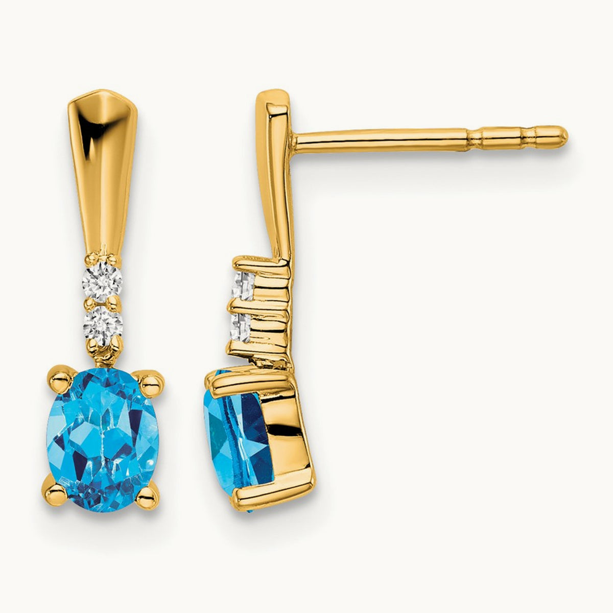 Oval Blue Topaz and Diamond Dangle Earrings — 14K Yellow Gold