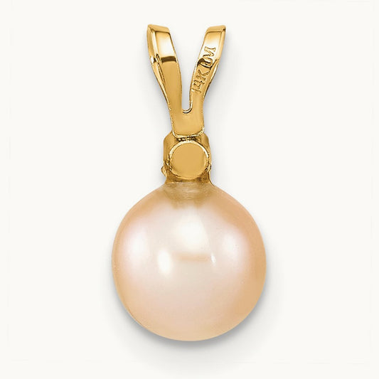 6- Round Pink Freshwater Cultured Pearl Diamond Pendant, 7mm, 14K