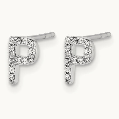 Diamond Initial P Earrings, 14K White Gold