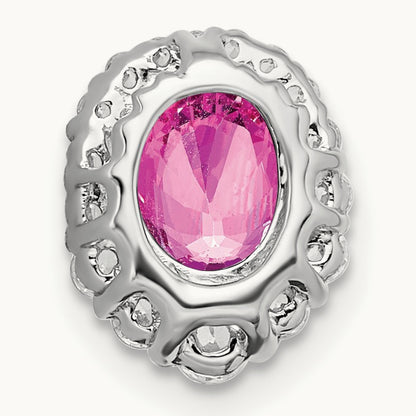 Oval Creat. Pink Sapphire/Diamond Halo Chain Slide, 14K White Gold