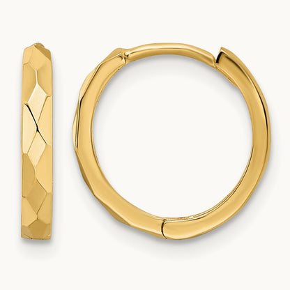 Polished Faceted Hinged Hoop Earrings — 14K Yellow Gold, 2x14mm