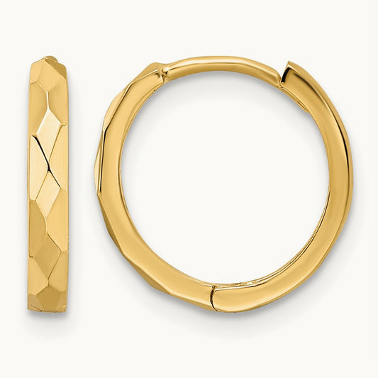 Polished Faceted Hinged Hoop Earrings — 14K Yellow Gold, 2x14mm