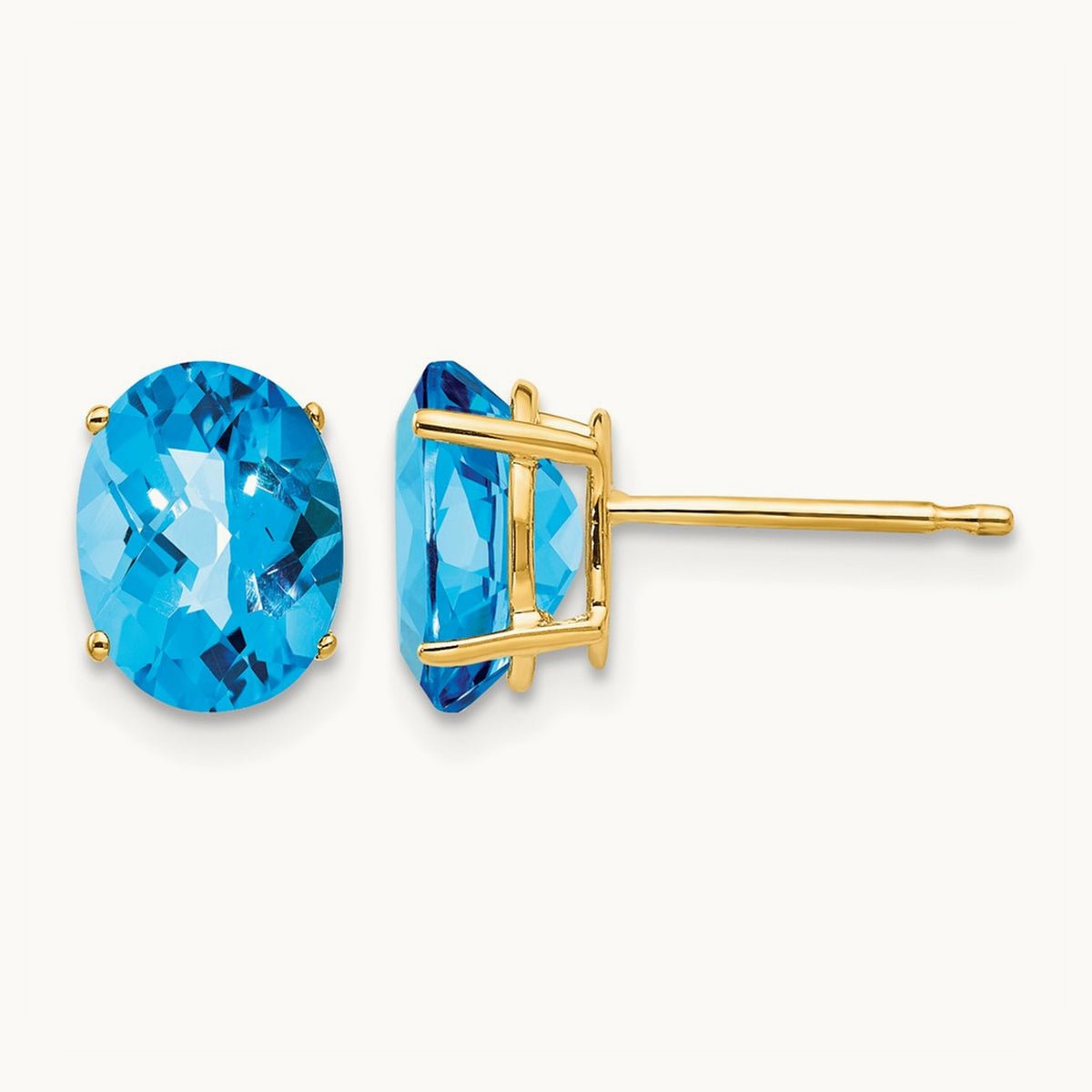 8x6mm Oval Blue Topaz Checker Earrings, 14K