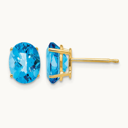 8x6mm Oval Blue Topaz Checker Earrings, 14K