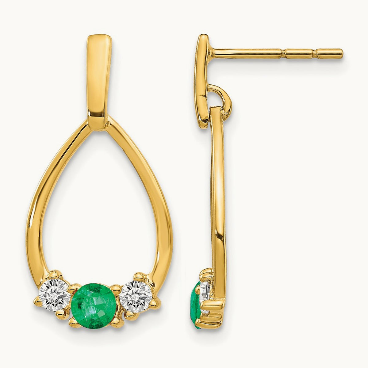 Created Emerald Dangle Post Earrings, 0.25 ct tw Lab-Grown Diamond — 10K Yellow Gold