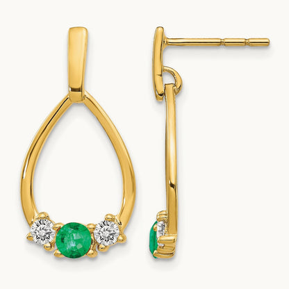 Created Emerald Dangle Post Earrings, 0.25 ct tw Lab-Grown Diamond — 10K Yellow Gold