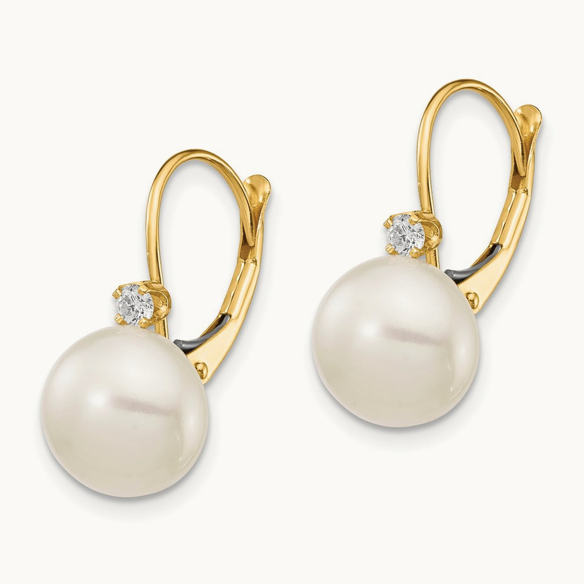 10- White Button FWC Pearl .10ct Diamond Leverback Earrings, 11mm, 14K