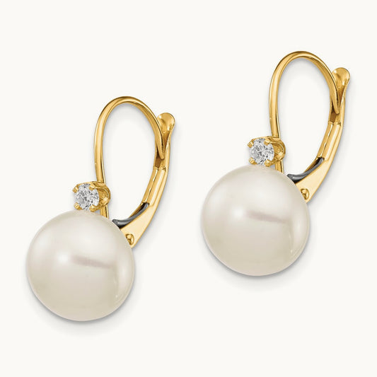 10- White Button FWC Pearl .10ct Diamond Leverback Earrings, 11mm, 14K