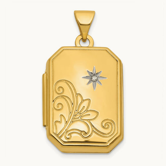 Diamond Polished Floral And Star Rectangle Locket, 20mm, 14K