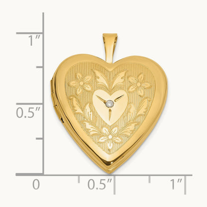 Polished Floral Design Diamond Heart Locket, 20mm, 14K