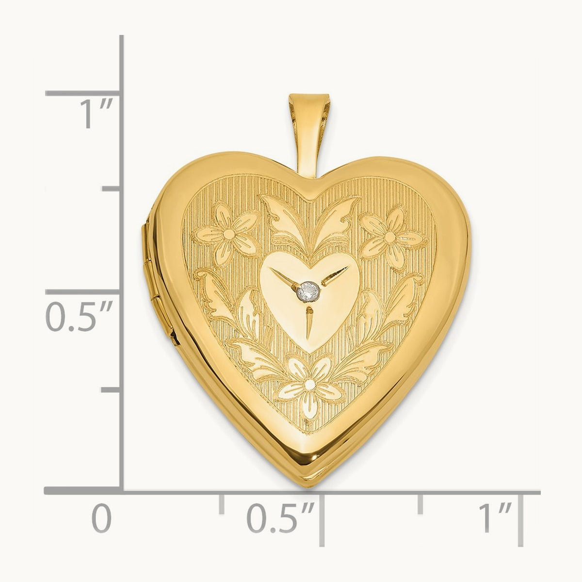 Polished Floral Design Diamond Heart Locket, 20mm, 14K