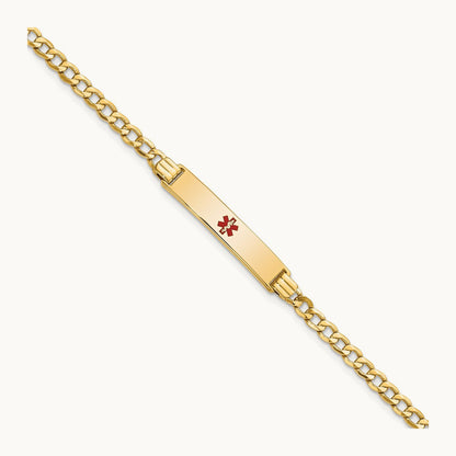 Semi-solid Medical Polished Red Enamel Cuban ID Bracelet, 14K