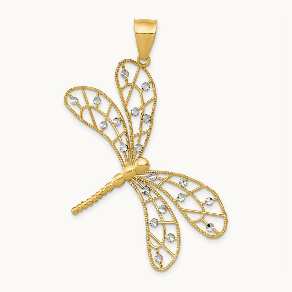 w/Rhodium Polished D/C Filigree Dragonfly Pendant, 14K