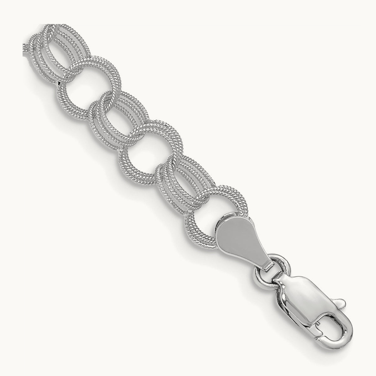 Solid Triple Link Charm Bracelet — 14K White Gold, 7mm