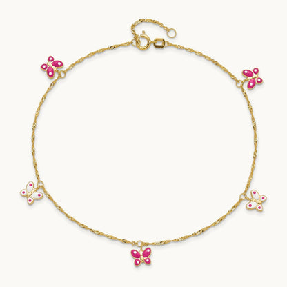 Enameled Butterfly 9in Plus 1in Ext Anklet, 14K
