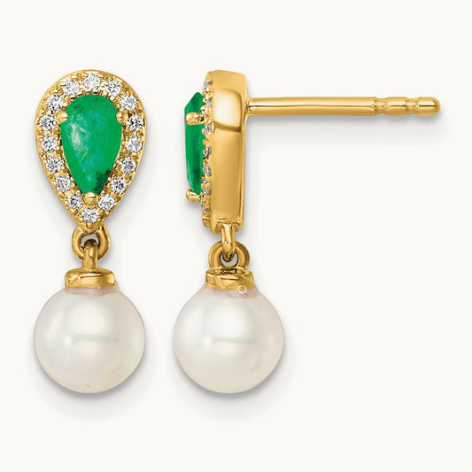 Polished Diamond Pearl and Emerald Dangle Post Earrings, 14K
