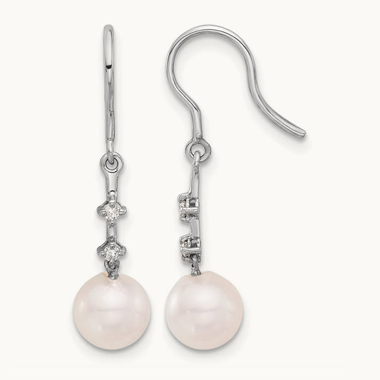 7- Wht Akoya Pearl .04ct Dia Shepherd Hook Earrings, 8mm, 14K White Gold
