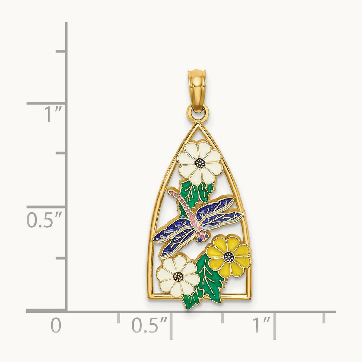 Enamel Dragonfly and Flowers Triangle Charm, 14K