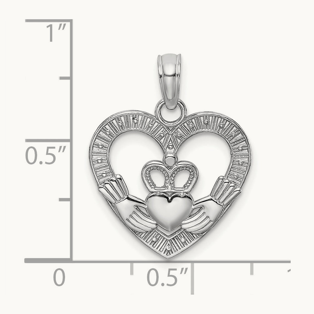 Polished/Textured Heart Claddagh Charm, 14K White Gold