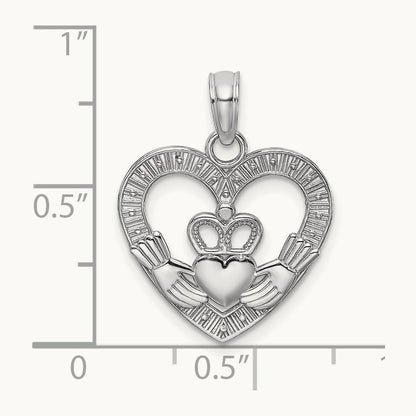 Polished/Textured Heart Claddagh Charm, 14K White Gold