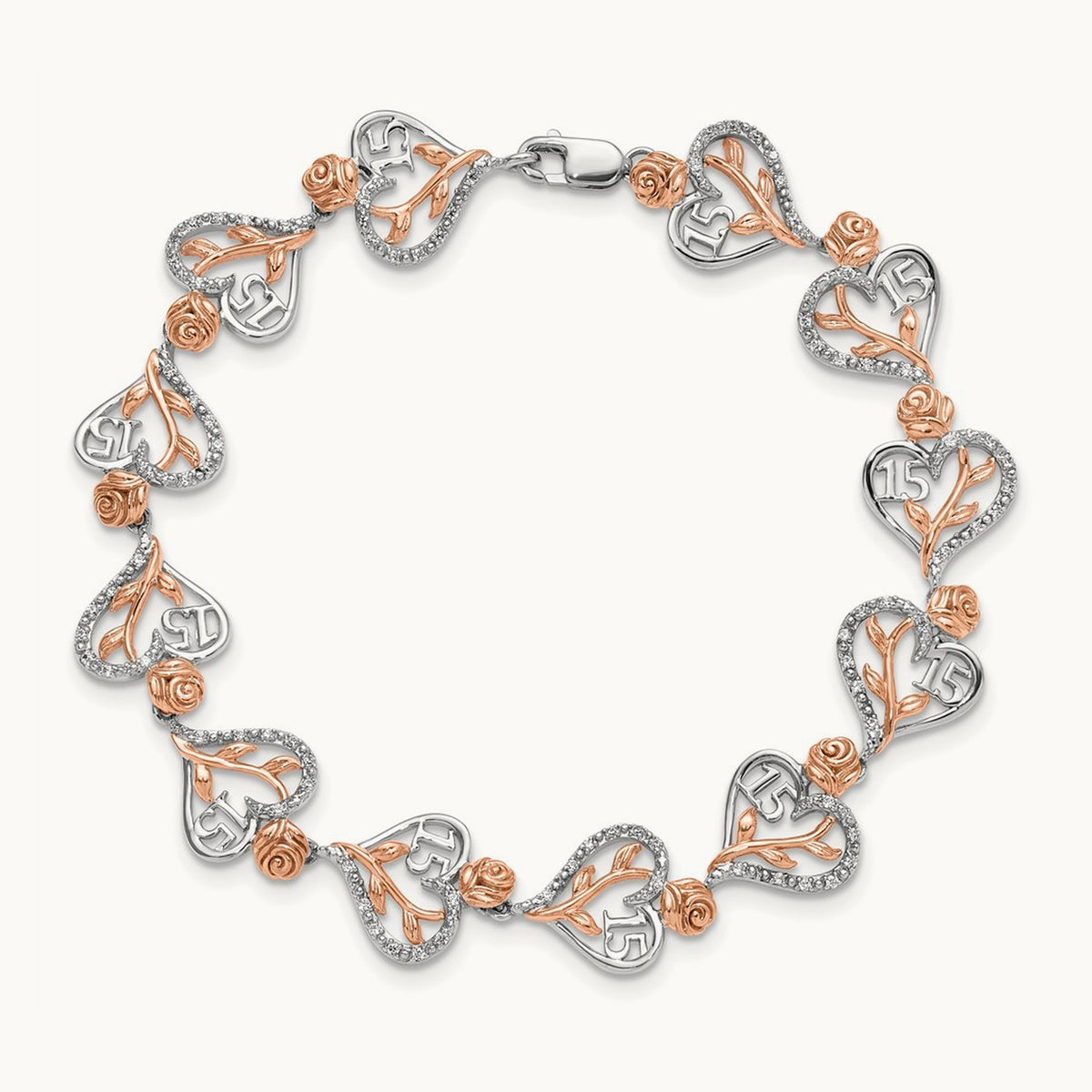 Diamond Quinceanera Heart Bracelet, 14K White with Rose Gold