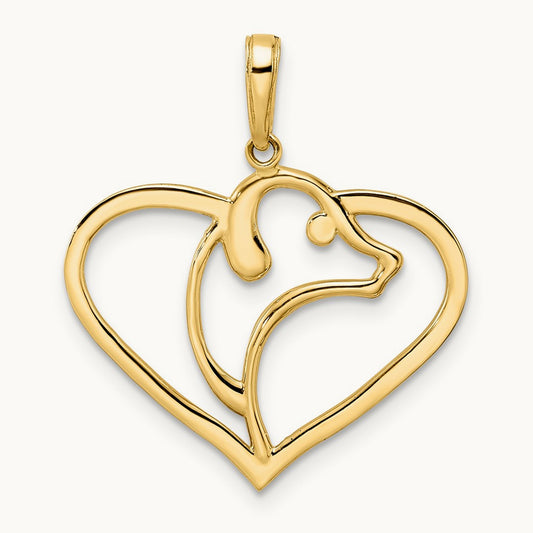 Diamond-cut Dog Head in Heart Pendant, 14K with White Rhodium