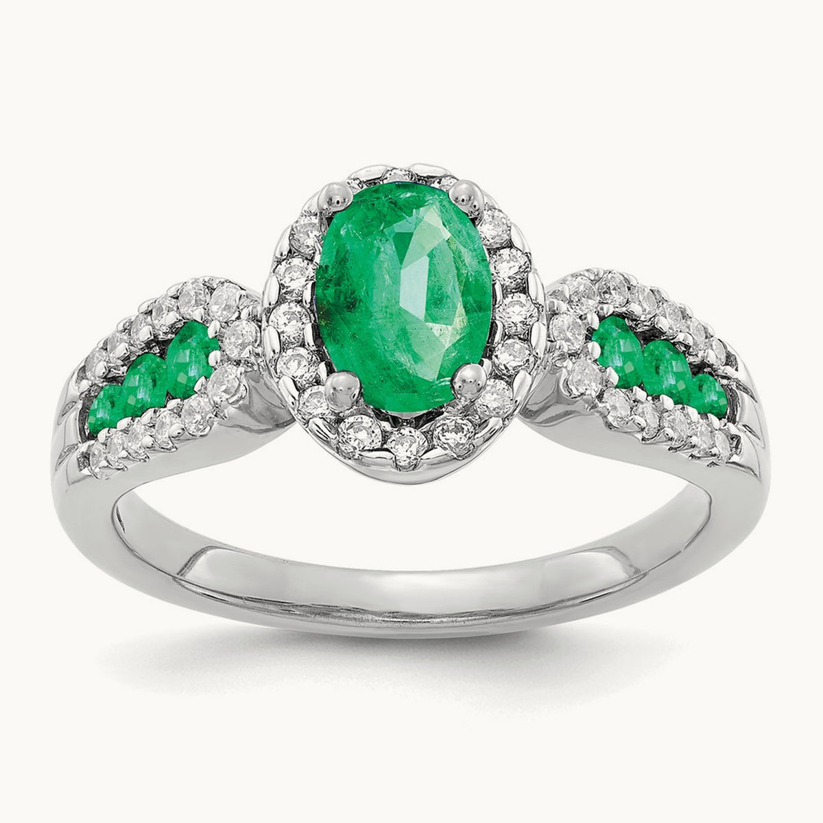 Diamond and Oval Emerald Ring — 14K White Gold