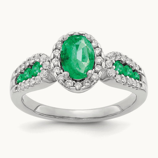 Diamond and Oval Emerald Ring — 14K White Gold