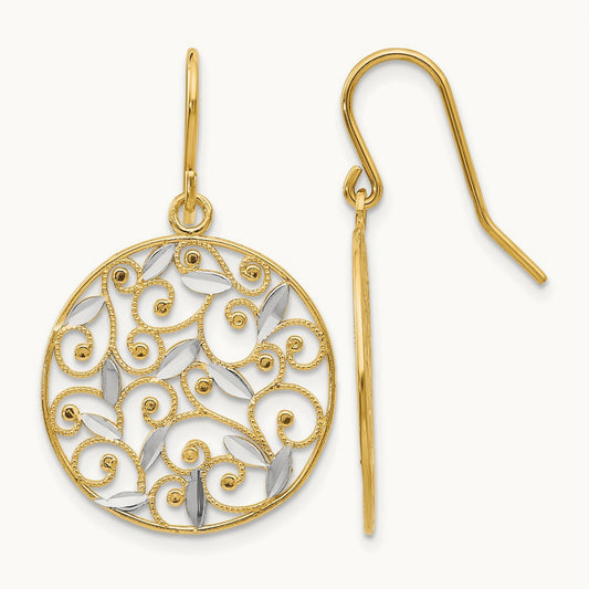 Diamond-cut Filigree Circle Wire Earrings, 14K with Rhodium