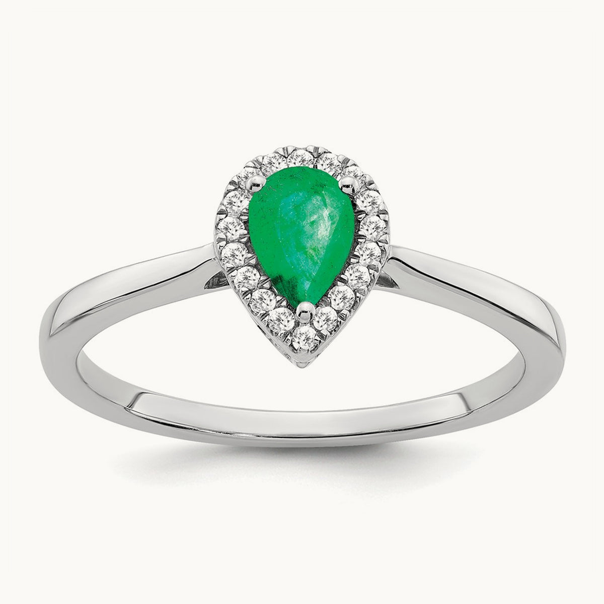 Pear Emerald and Diamond Halo Ring, 14K White Gold